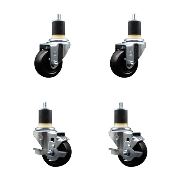 3'' Soft Rubber Wheel Swivel 1-7/8'' Expanding Stem Caster Set 2 Brakes, 4PK